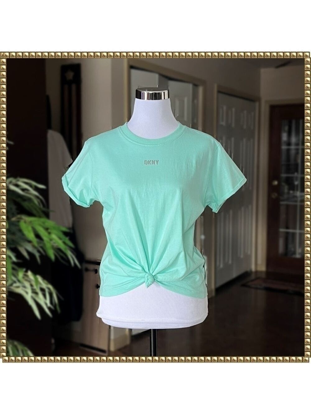 DKNY Sport Aqua Metallic Logo Knotted Tee Extra Small